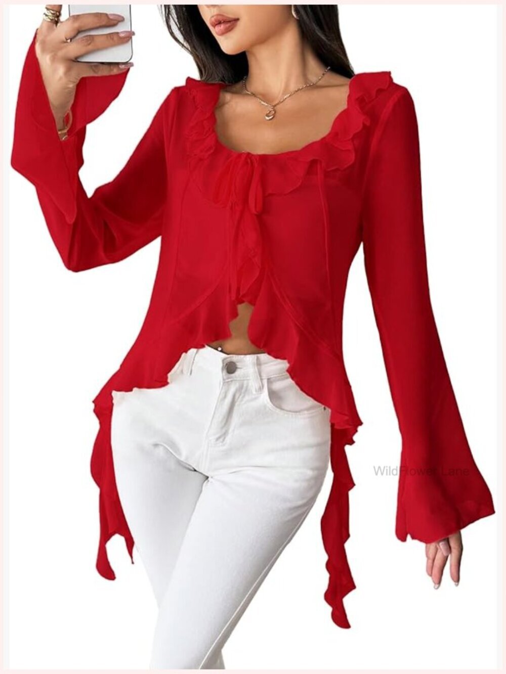 Tie Front Ruffle Sheer Blouse Long Bell Sleeve Going Out Casual Top